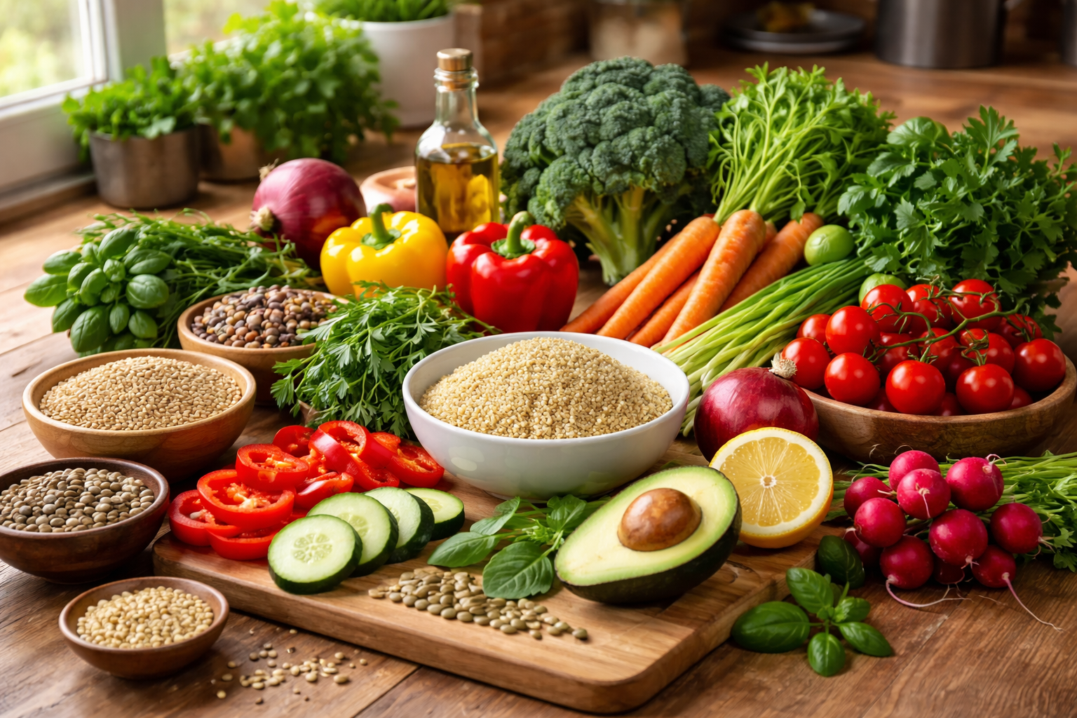 Fresh colorful vegetables and whole grains on a wooden kitchen counter, natural daylight, healthy cooking ingredients, vibrant greens and reds
