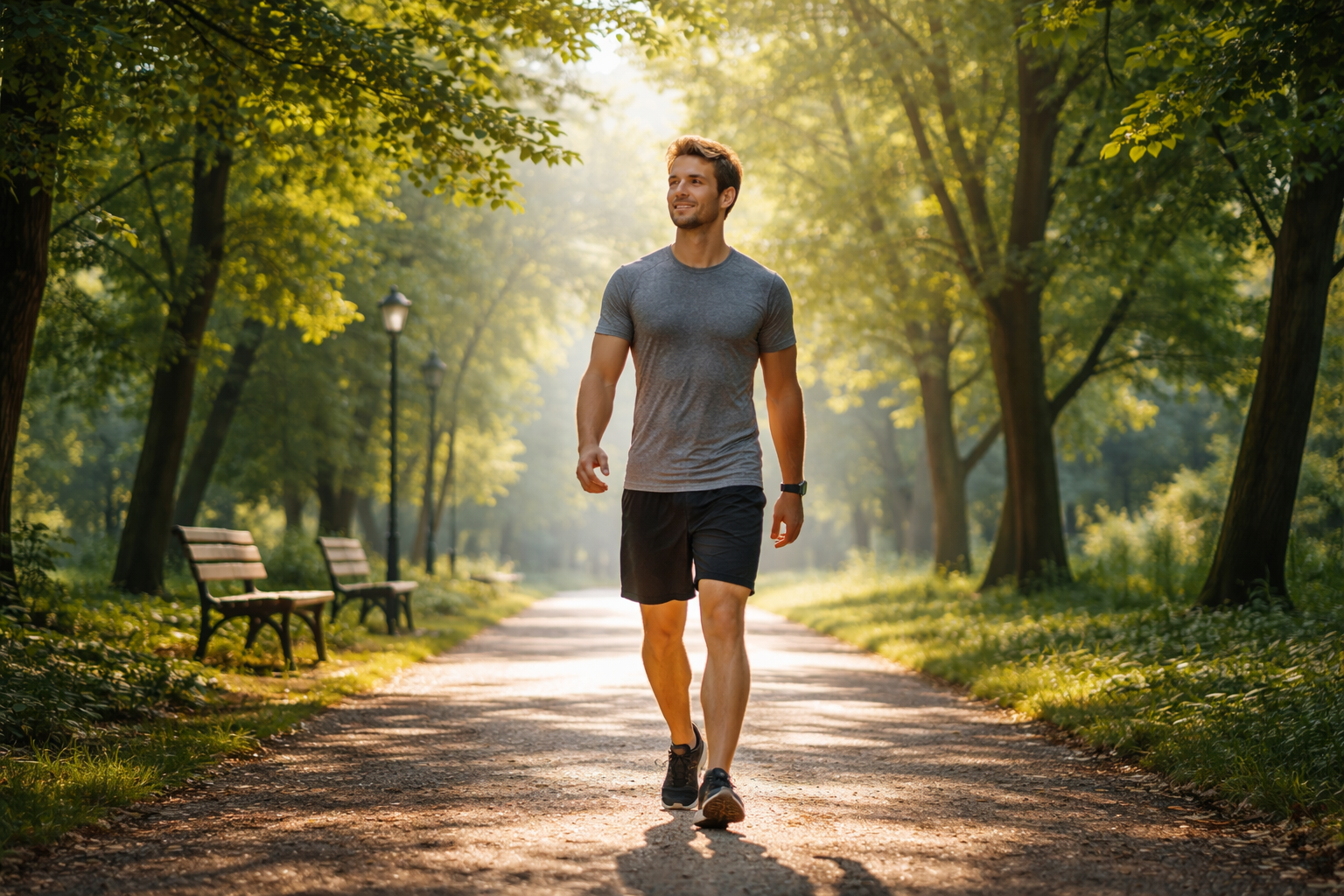 Man walking in a peaceful park during morning hours, surrounded by green trees, natural outdoor exercise, calm atmosphere